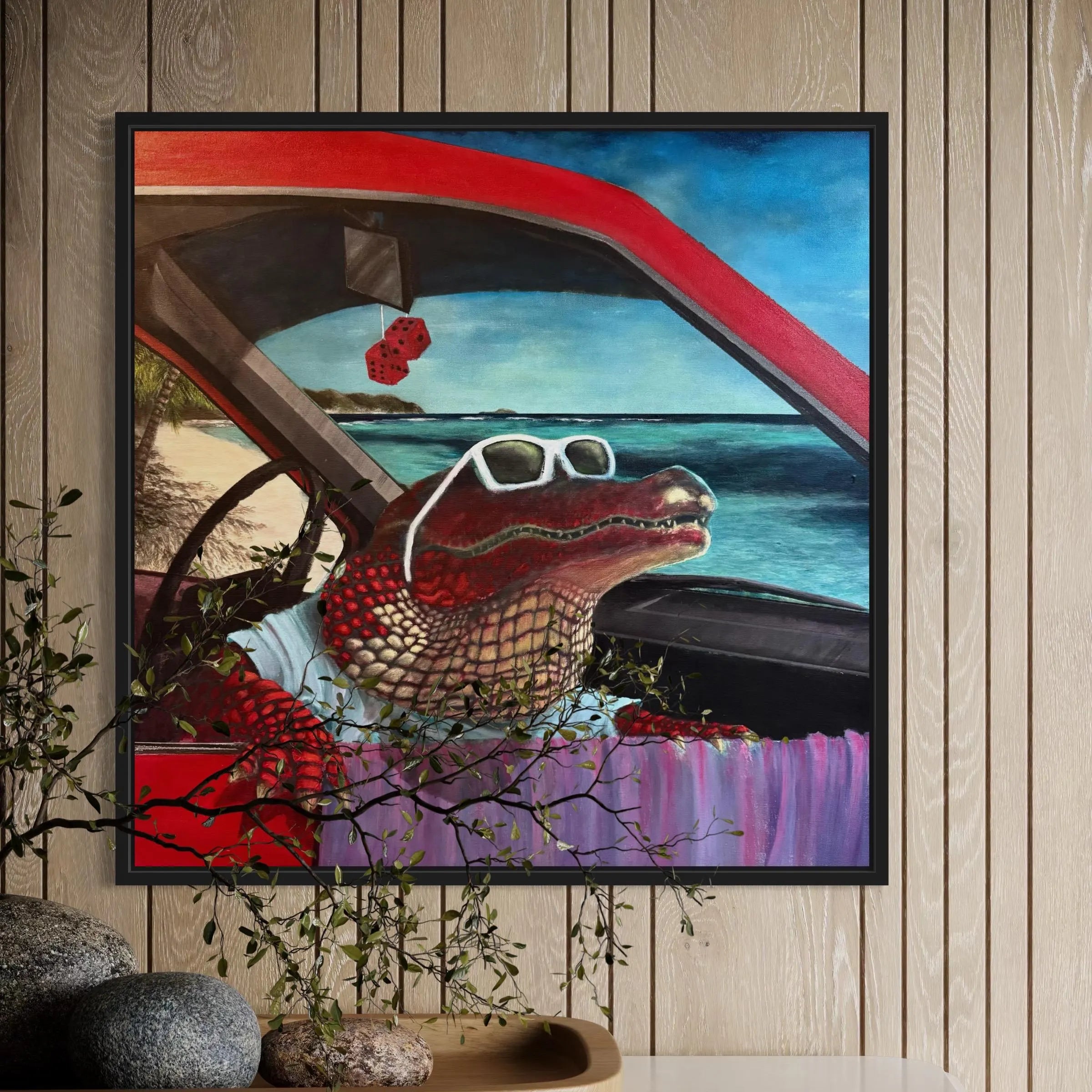 Crocovacations – Original Acrylic Painting on Canvas | Red Crocodile on vacations | Caribbean Beach Special Edition | Surreal Contemporary