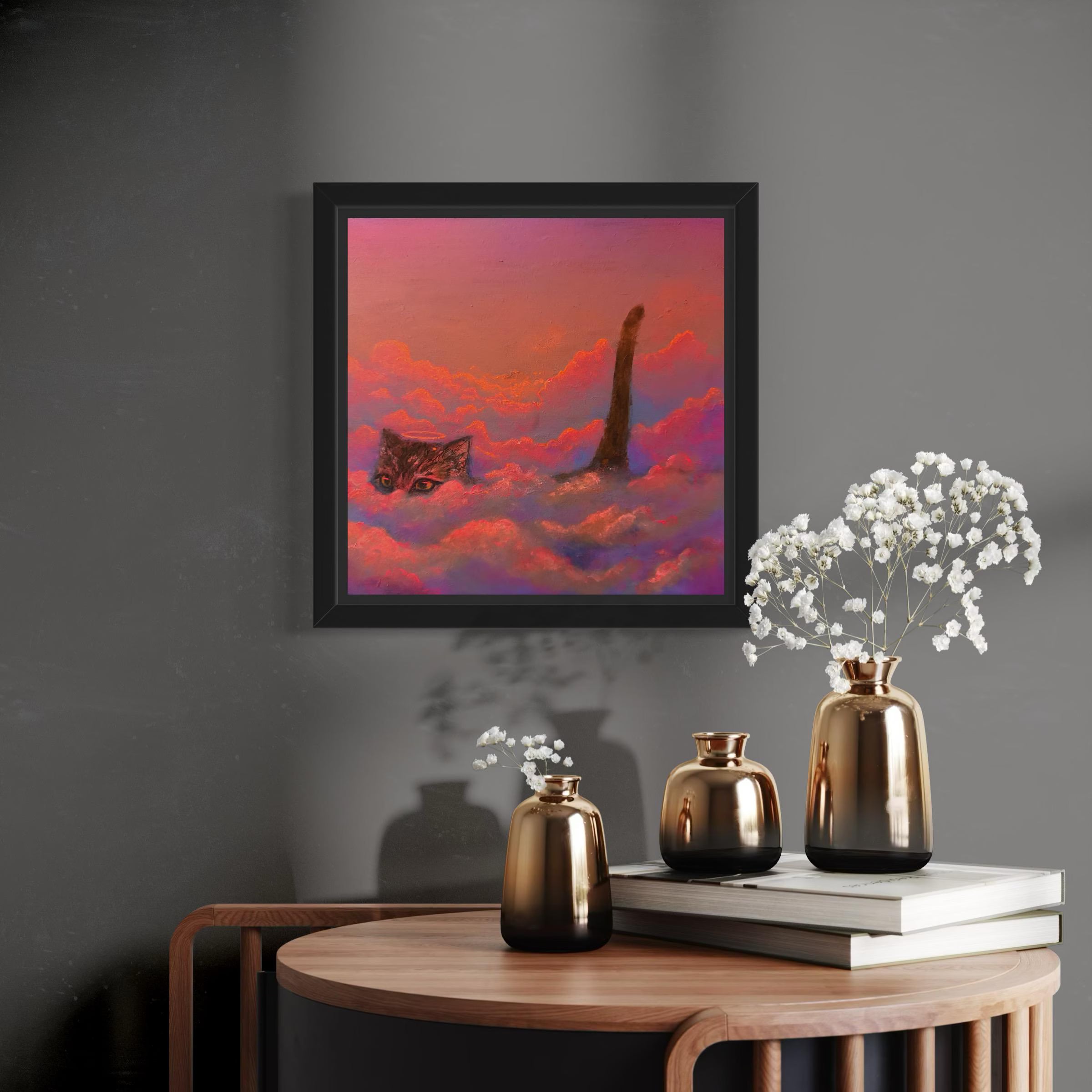 Cat Heaven – Original Acrylic Painting | Cat Walking on Clouds with Neon Fluorescent Glow Under UV Light
