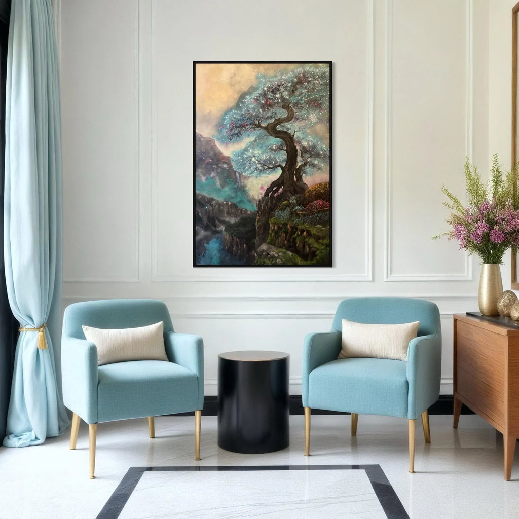 AOKI – Monumental Original Blue Tree Painting | UV Reactive Neon Acrylic Fantasy Landscape | Collector Artwork