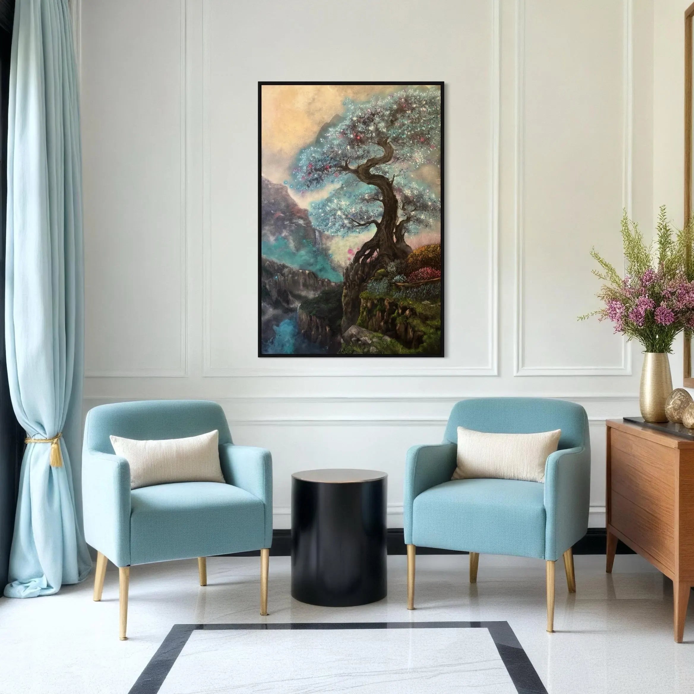 AOKI – Monumental Original Blue Tree Painting | UV Reactive Neon Acrylic Fantasy Landscape | Collector Artwork