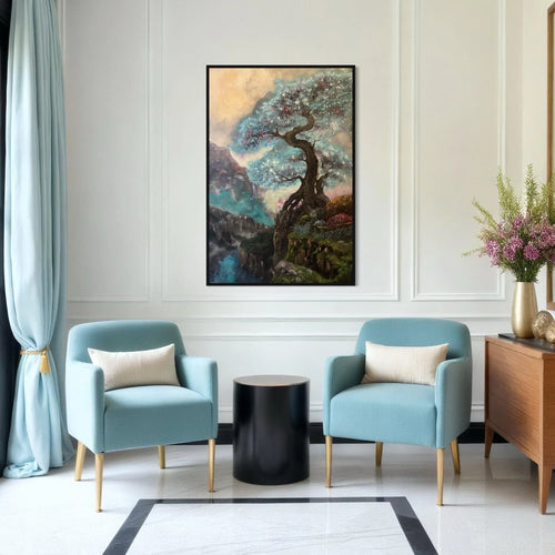 AOKI – Monumental Original Blue Tree Painting | UV Reactive Neon Acrylic Fantasy Landscape | Collector Artwork