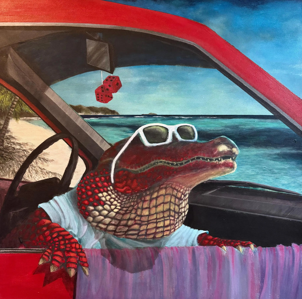 Crocovacations – Original Acrylic Painting on Canvas | Red Crocodile on vacations | Caribbean Beach Special Edition | Surreal Contemporary