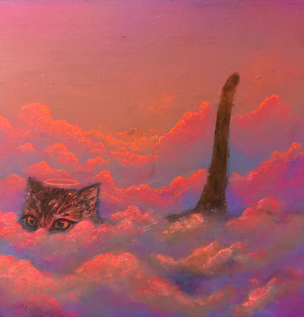 Cat Heaven – Original Acrylic Painting | Cat Walking on Clouds with Neon Fluorescent Glow Under UV Light