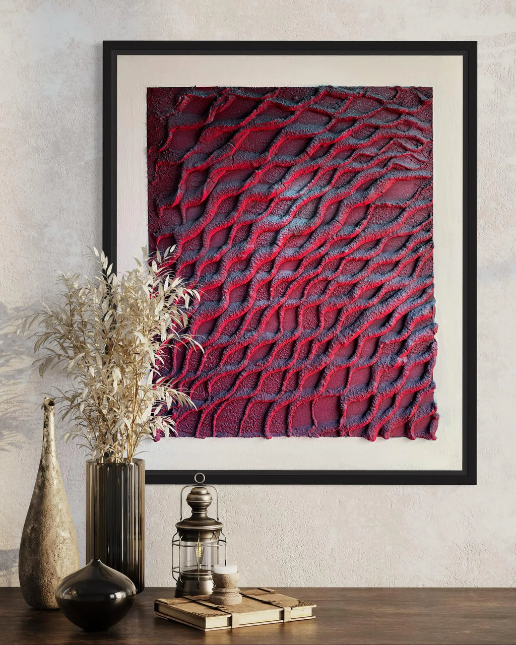 Intrecciare | Sculpted Abstract on Canvas with Fluorescent Pink DNA-Inspired Patterns