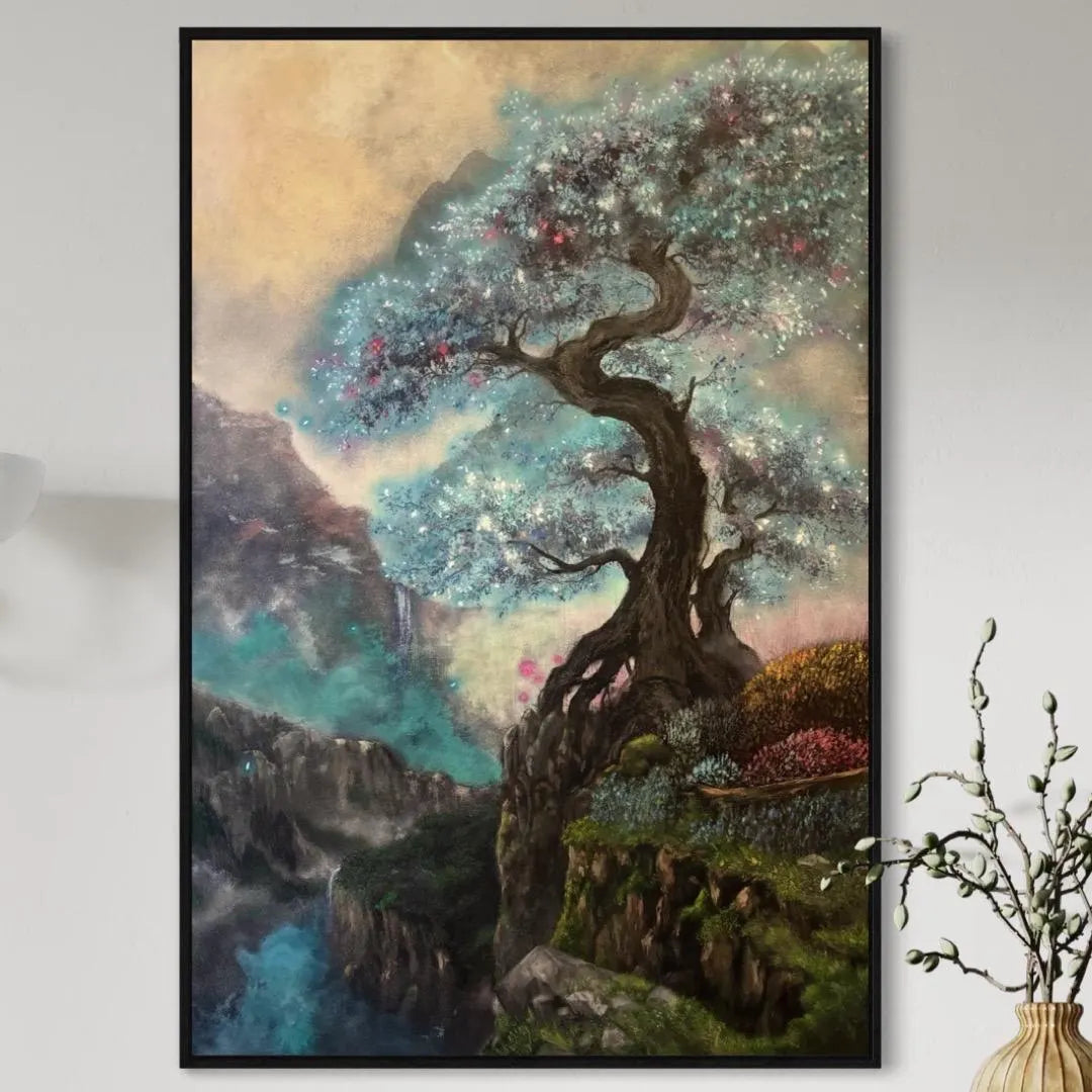 AOKI – Monumental Original Blue Tree Painting | UV Reactive Neon Acrylic Fantasy Landscape | Collector Artwork