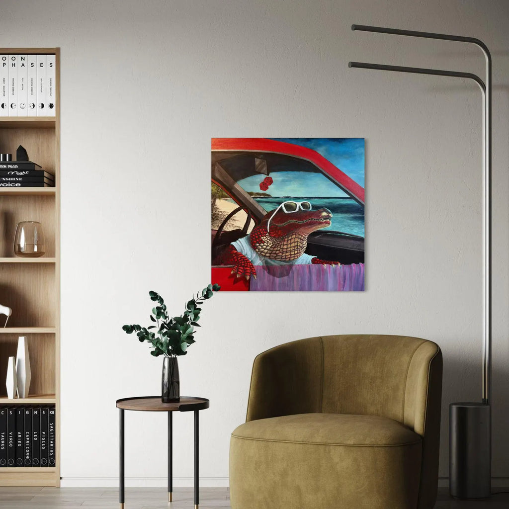 Crocovacations – Original Acrylic Painting on Canvas | Red Crocodile on vacations | Caribbean Beach Special Edition | Surreal Contemporary