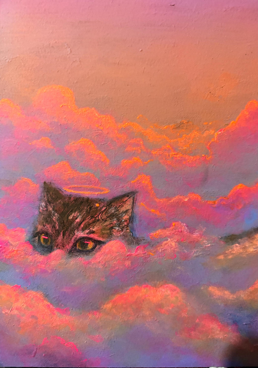 Cat Heaven – Original Acrylic Painting | Cat Walking on Clouds with Neon Fluorescent Glow Under UV Light