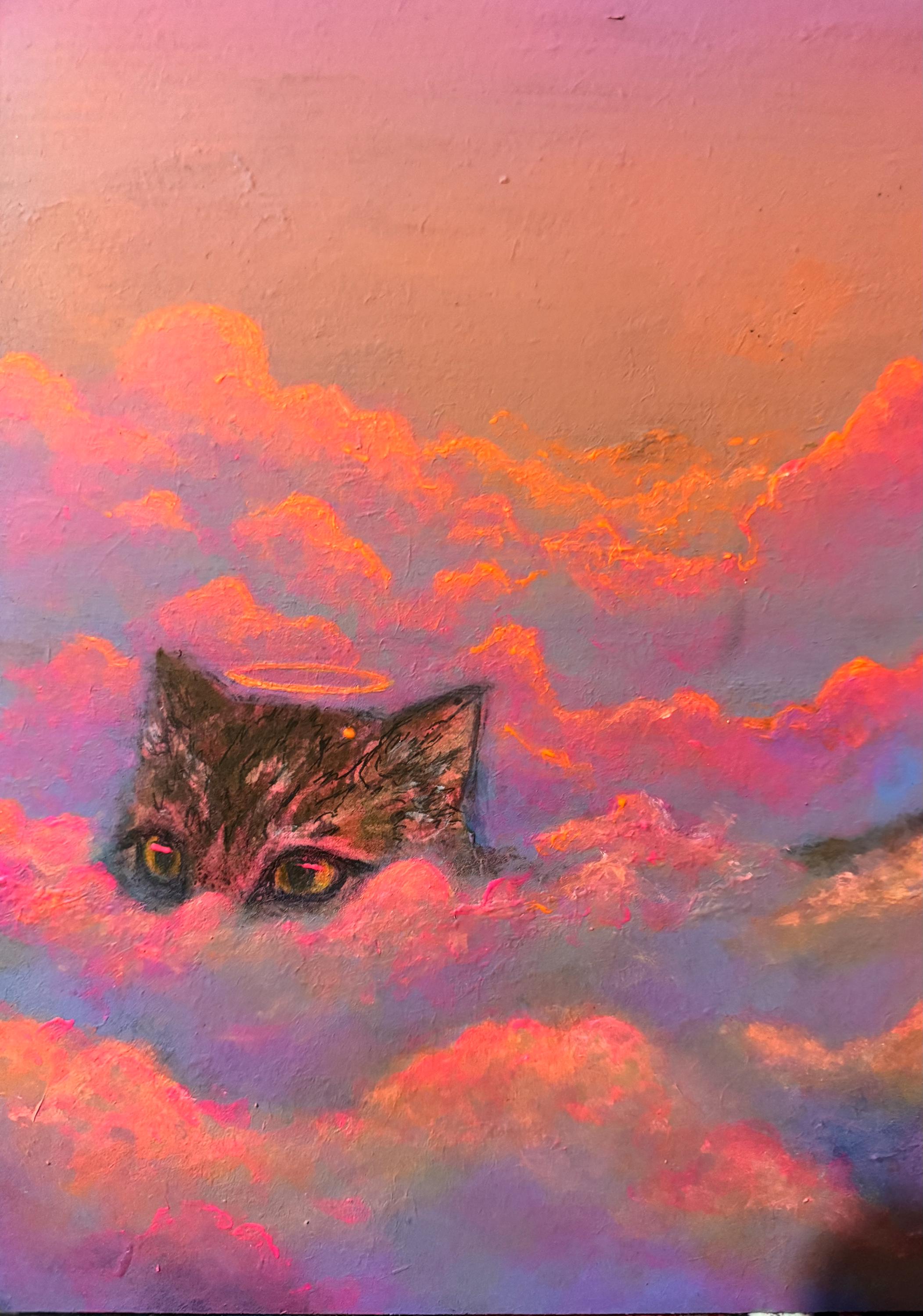 Cat Heaven – Original Acrylic Painting | Cat Walking on Clouds with Neon Fluorescent Glow Under UV Light