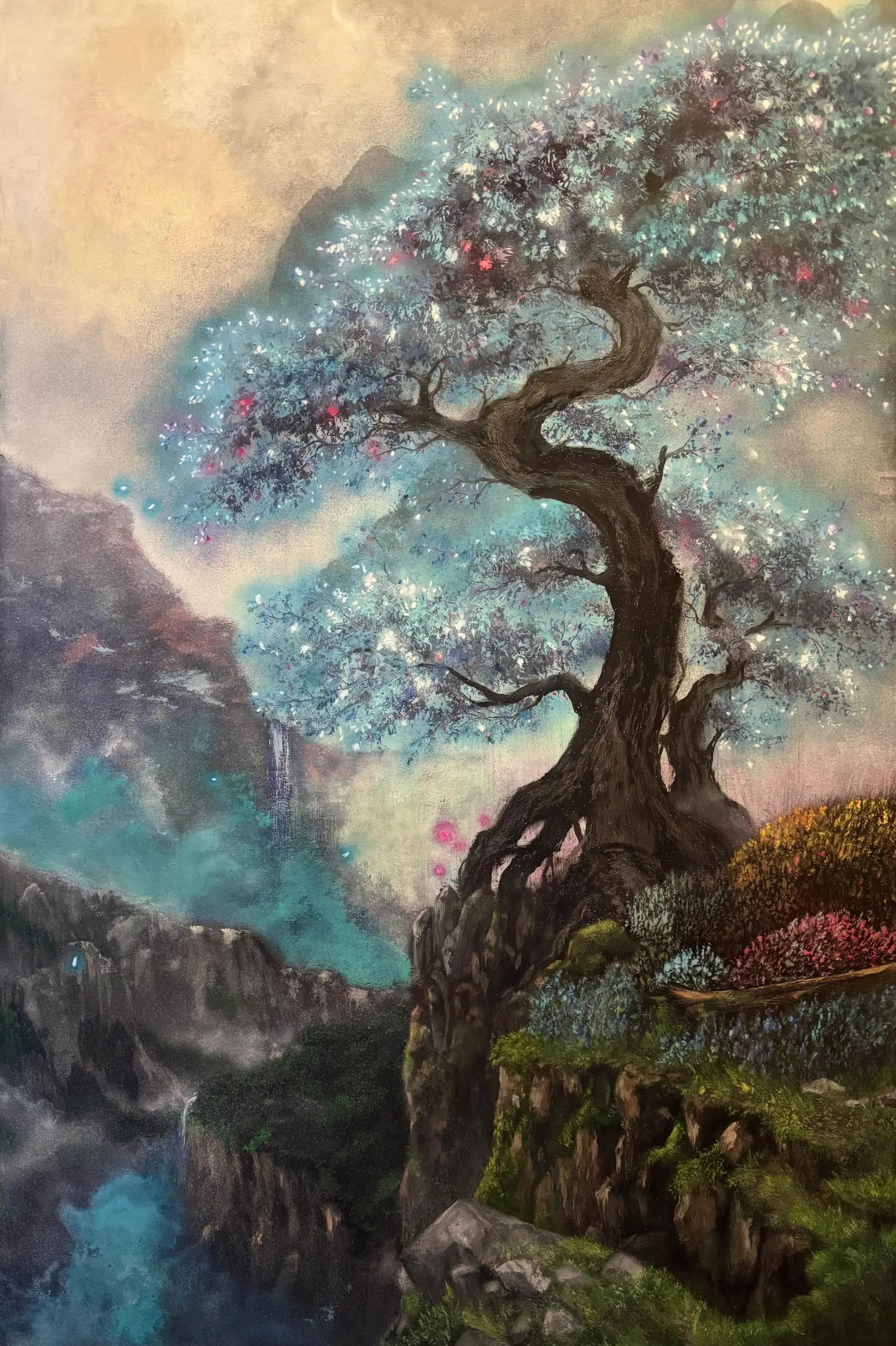 AOKI – Monumental Original Blue Tree Painting | UV Reactive Neon Acrylic Fantasy Landscape | Collector Artwork
