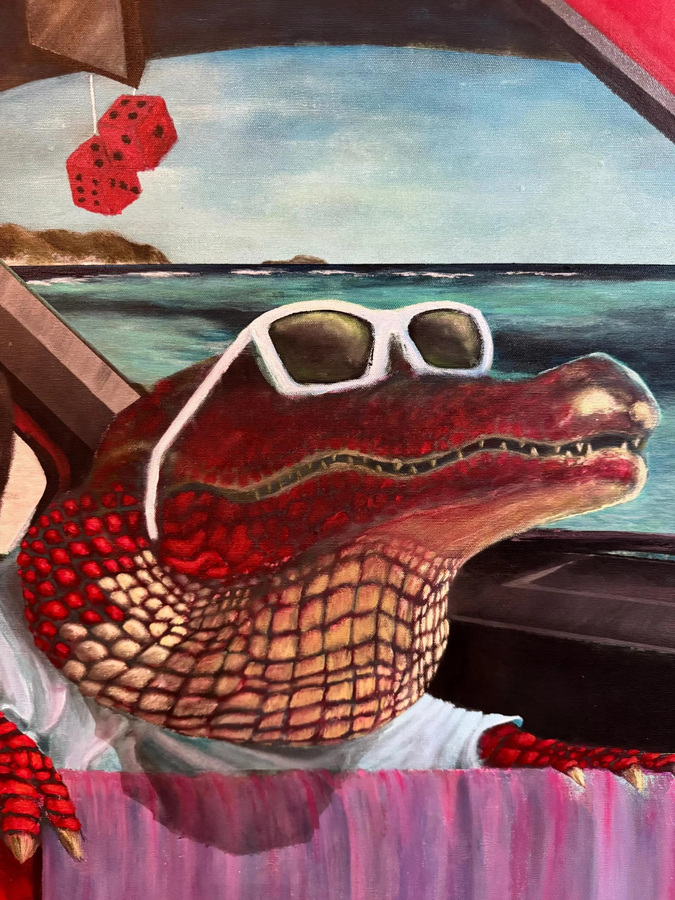 Crocovacations – Original Acrylic Painting on Canvas | Red Crocodile on vacations | Caribbean Beach Special Edition | Surreal Contemporary
