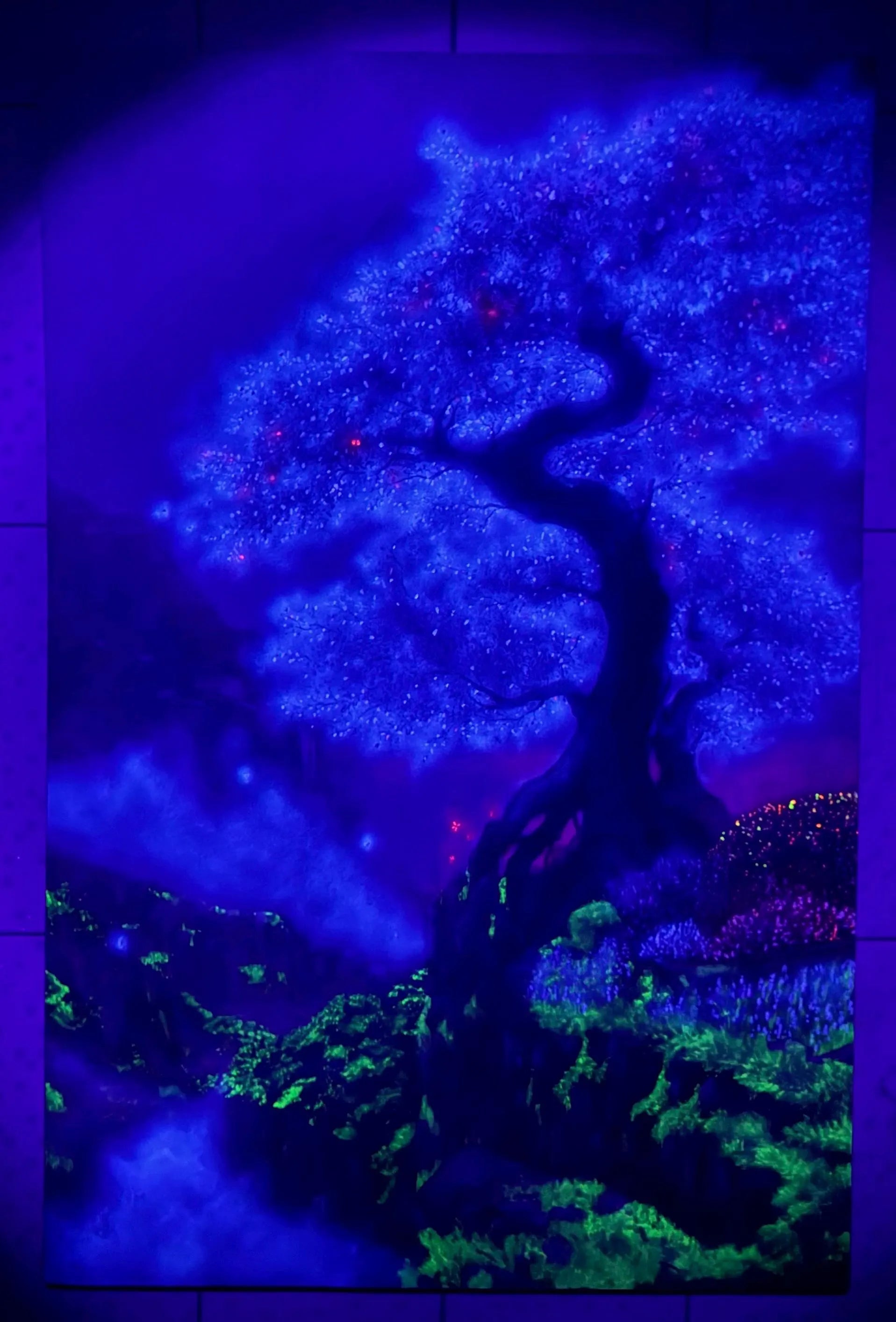 AOKI – Monumental Original Blue Tree Painting | UV Reactive Neon Acrylic Fantasy Landscape | Collector Artwork