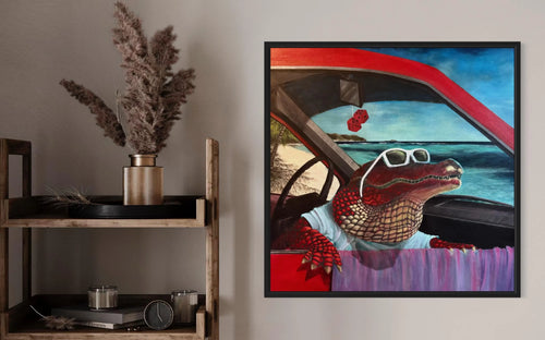Crocovacations – Original Acrylic Painting on Canvas | Red Crocodile on vacations | Caribbean Beach Special Edition | Surreal Contemporary