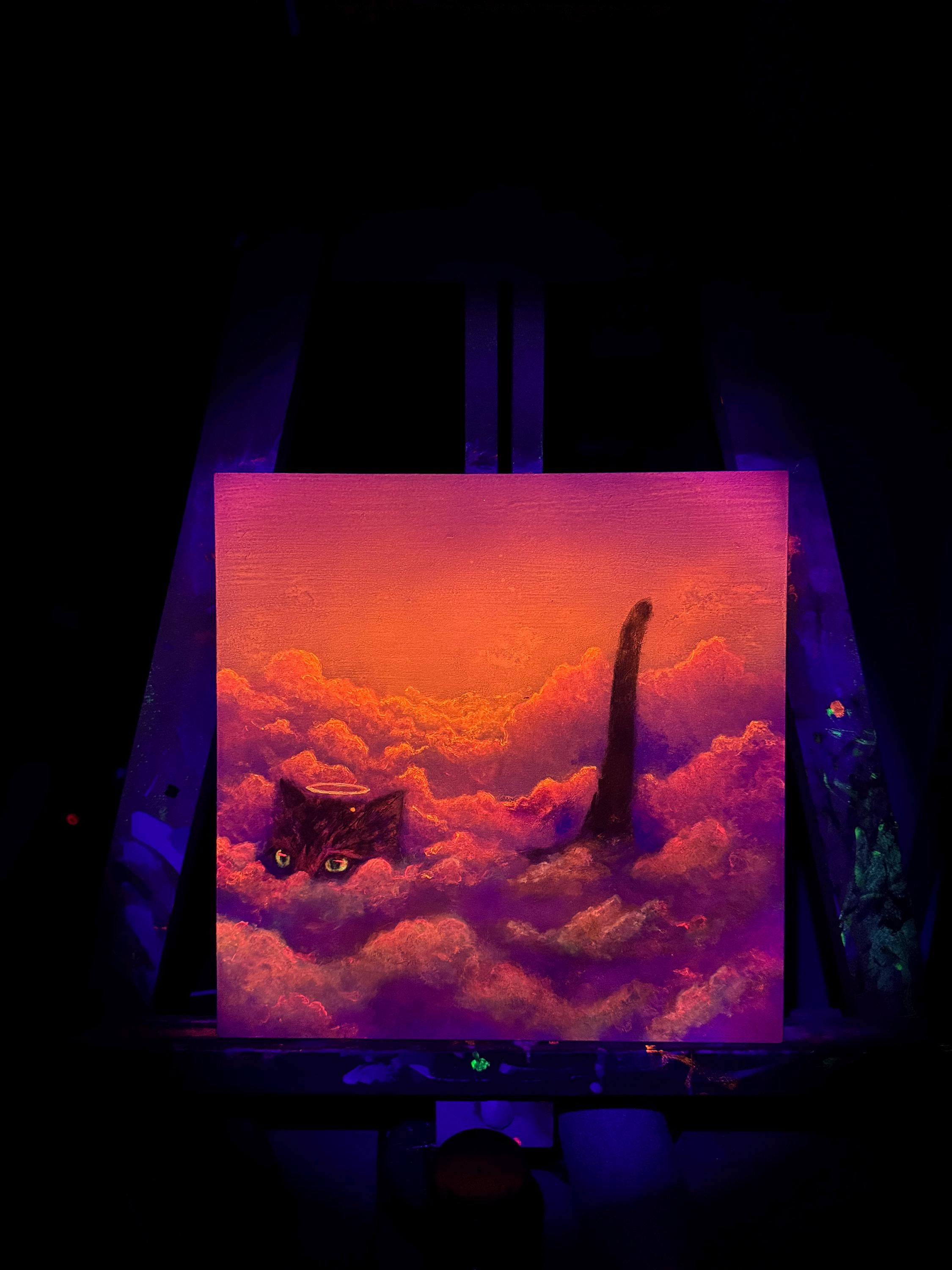 Cat Heaven – Original Acrylic Painting | Cat Walking on Clouds with Neon Fluorescent Glow Under UV Light
