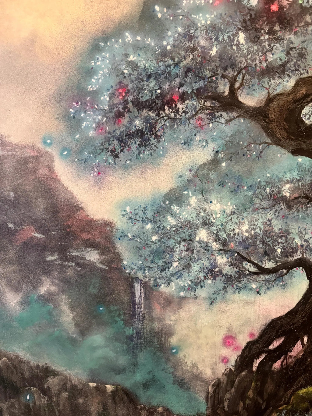 AOKI – Monumental Original Blue Tree Painting | UV Reactive Neon Acrylic Fantasy Landscape | Collector Artwork
