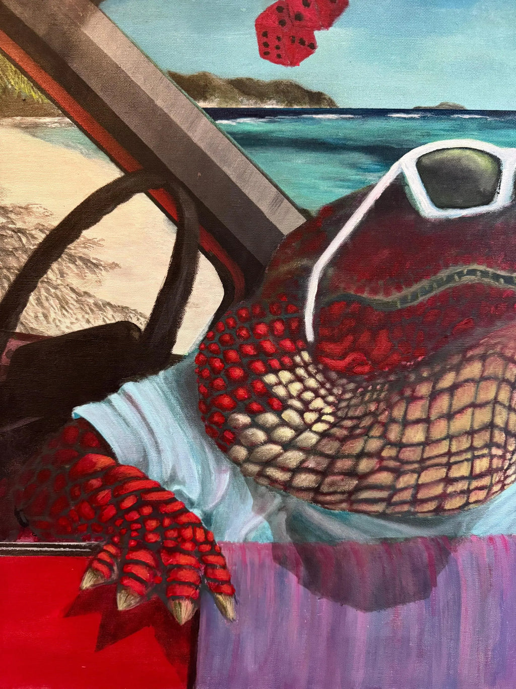 Crocovacations – Original Acrylic Painting on Canvas | Red Crocodile on vacations | Caribbean Beach Special Edition | Surreal Contemporary