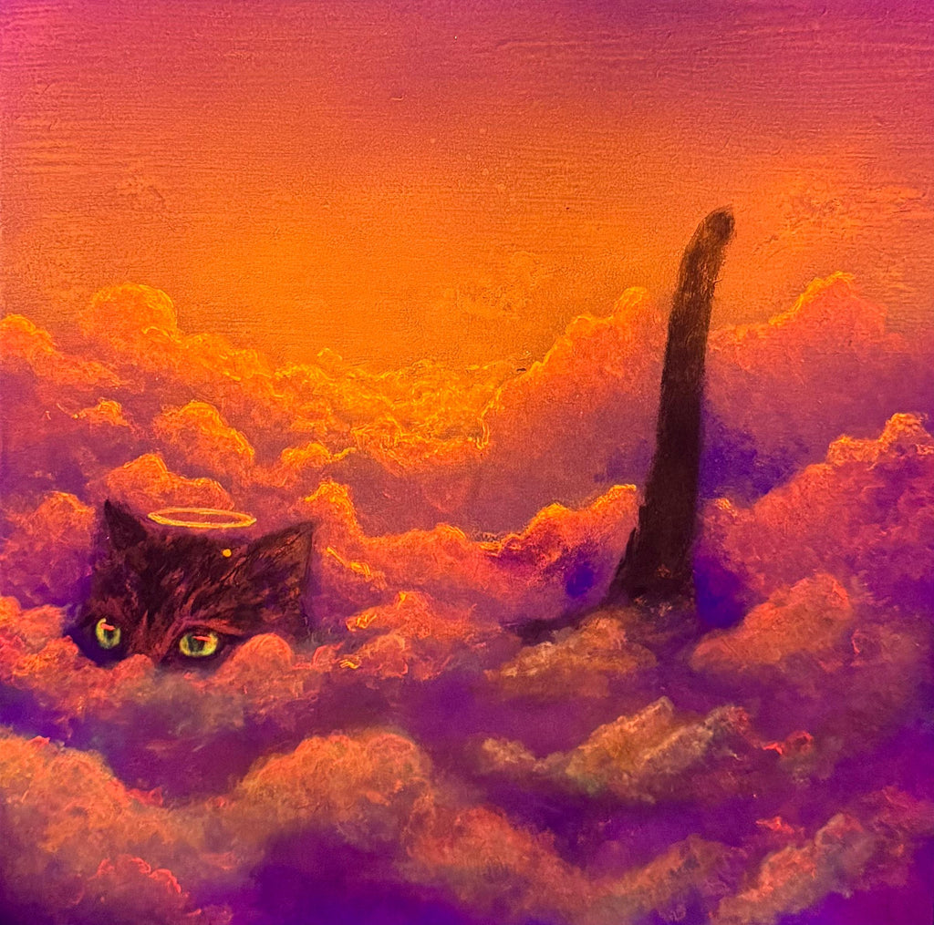 Cat Heaven – Original Acrylic Painting | Cat Walking on Clouds with Neon Fluorescent Glow Under UV Light