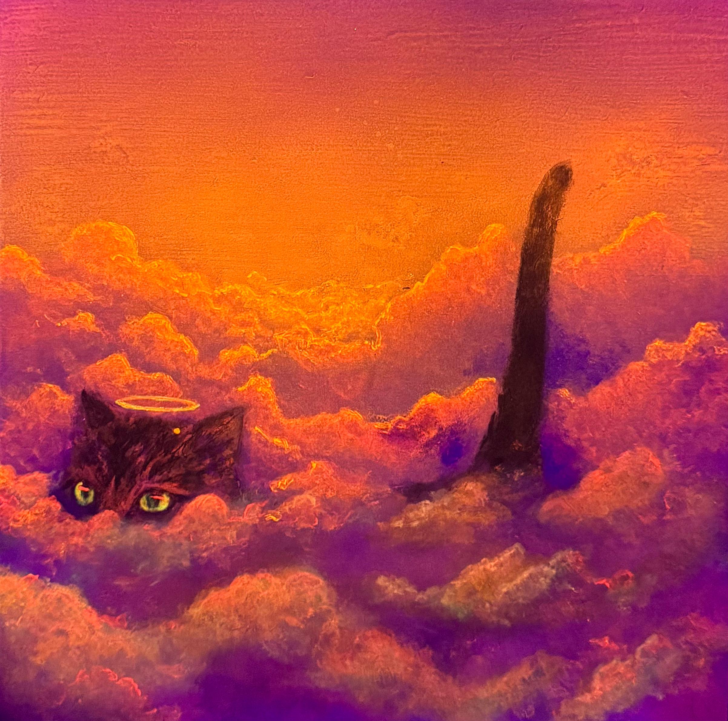 Cat Heaven – Original Acrylic Painting | Cat Walking on Clouds with Neon Fluorescent Glow Under UV Light