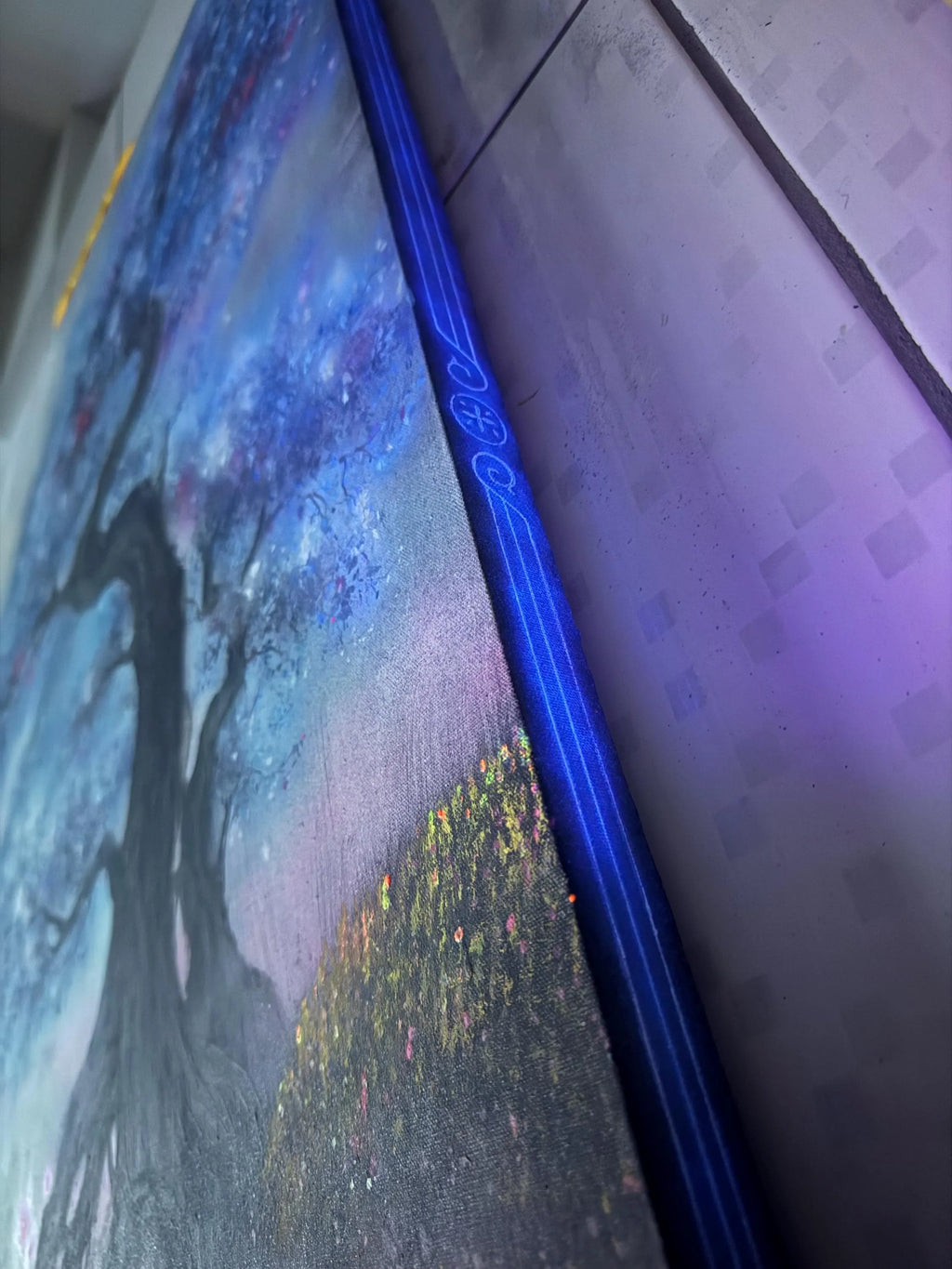 AOKI – Monumental Original Blue Tree Painting | UV Reactive Neon Acrylic Fantasy Landscape | Collector Artwork