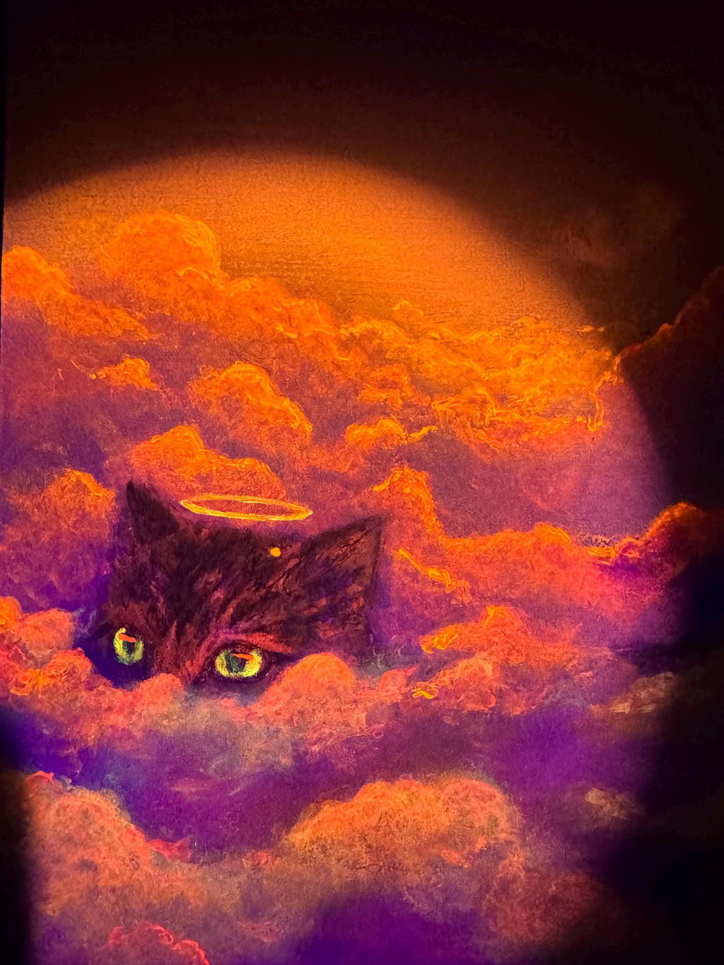 Cat Heaven – Original Acrylic Painting | Cat Walking on Clouds with Neon Fluorescent Glow Under UV Light