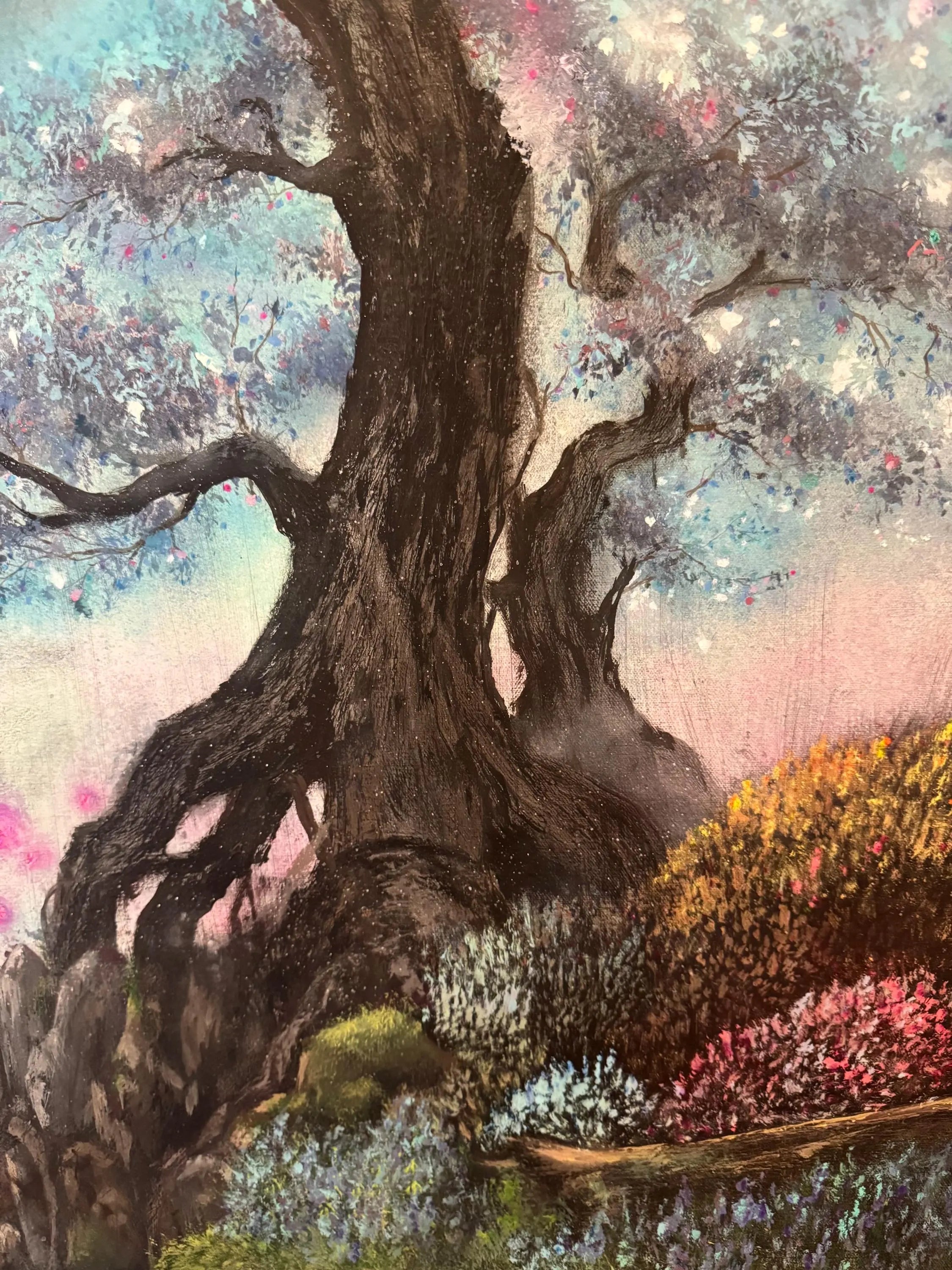 AOKI – Monumental Original Blue Tree Painting | UV Reactive Neon Acrylic Fantasy Landscape | Collector Artwork