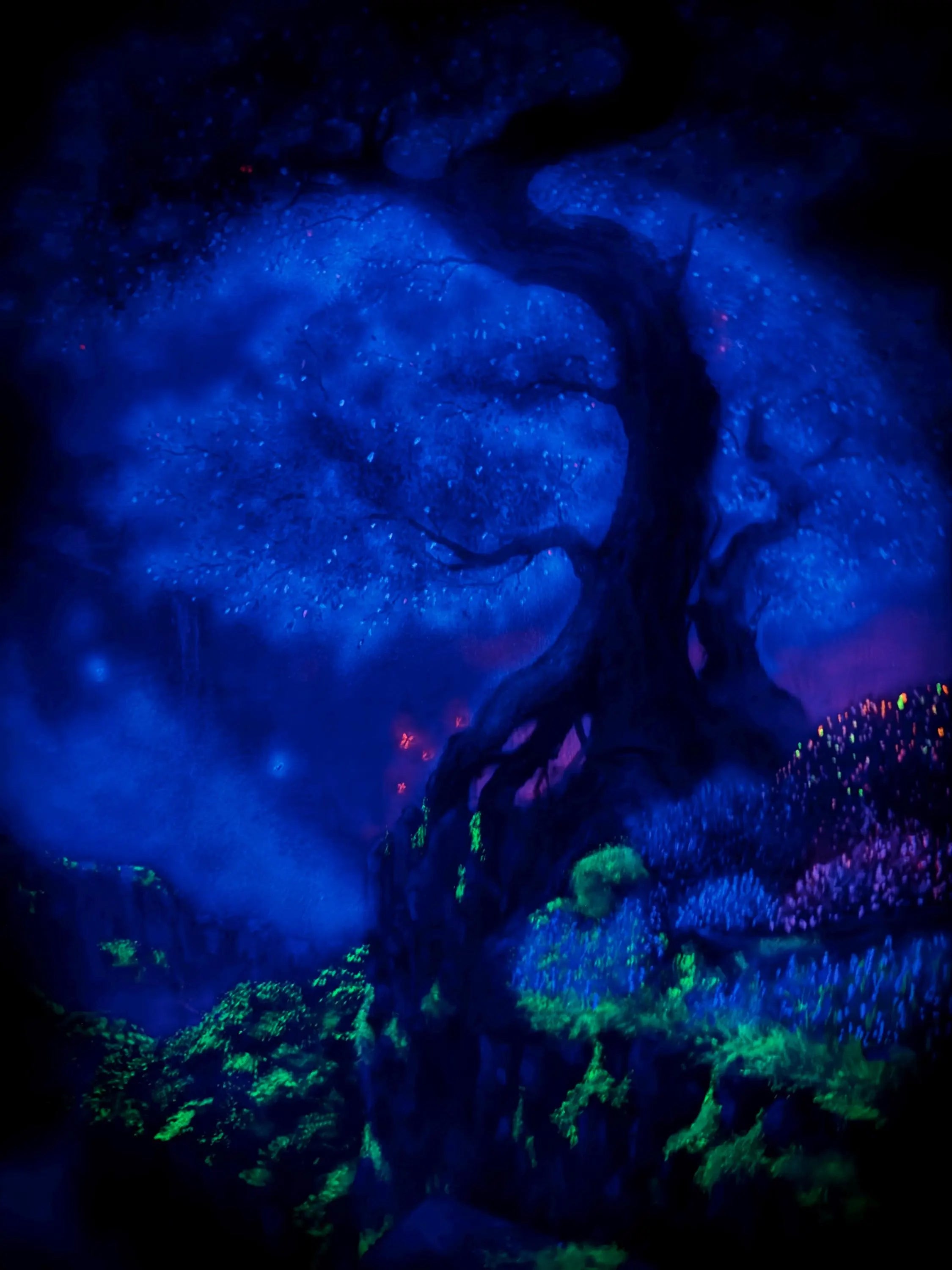 AOKI – Monumental Original Blue Tree Painting | UV Reactive Neon Acrylic Fantasy Landscape | Collector Artwork
