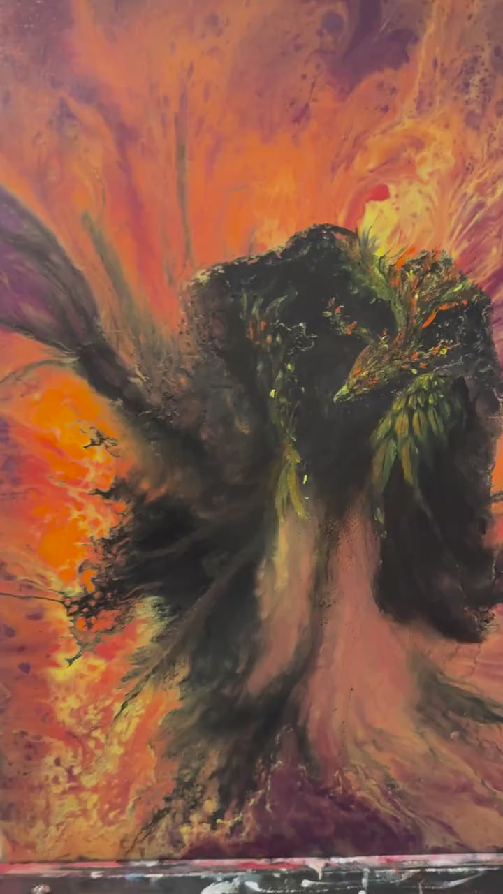 Chromaflow : Phoenix – Original Abstract Firebird Acrylic Painting | Flowing Flame Wall Art | Vibrant Fluid Art on Canvas