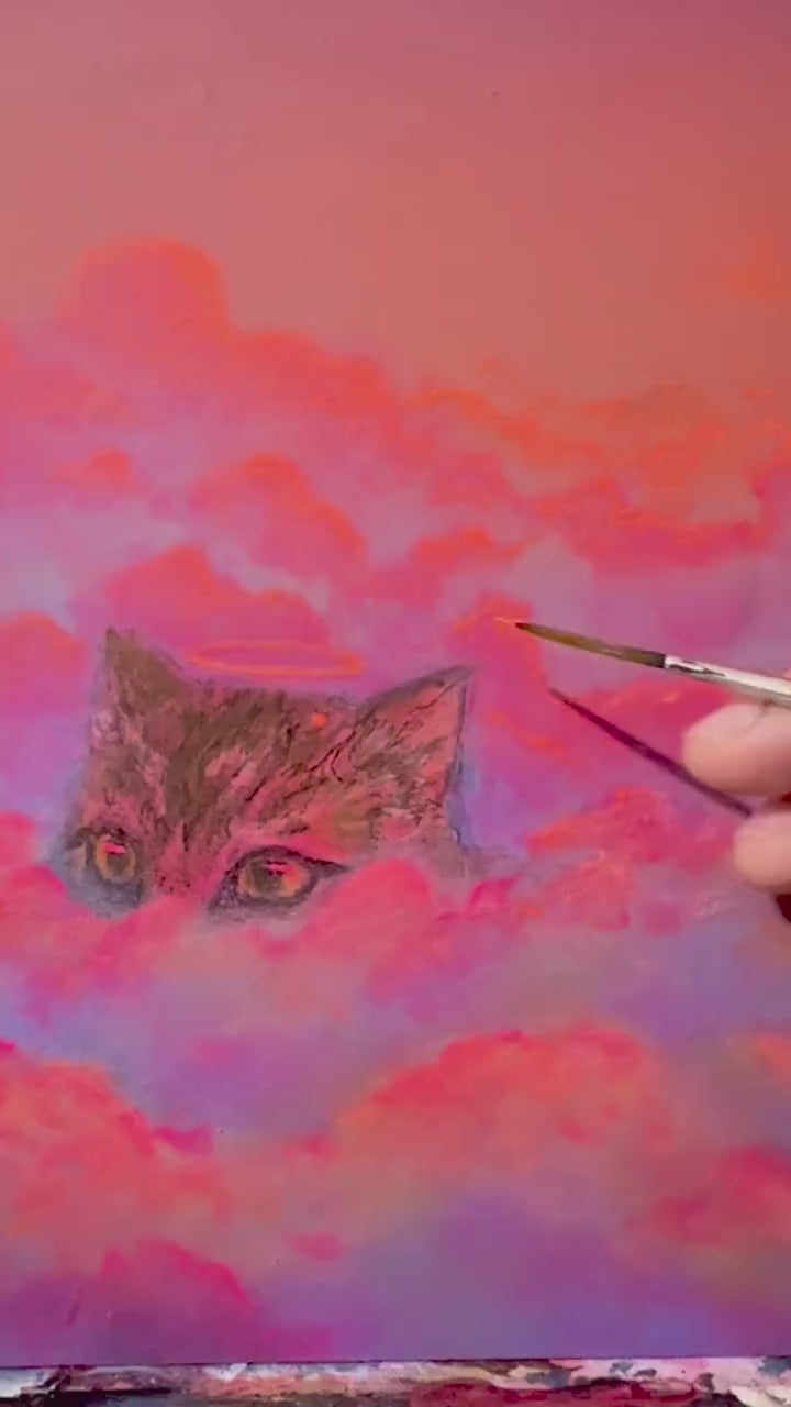 Cat Heaven – Original Acrylic Painting | Cat Walking on Clouds with Neon Fluorescent Glow Under UV Light
