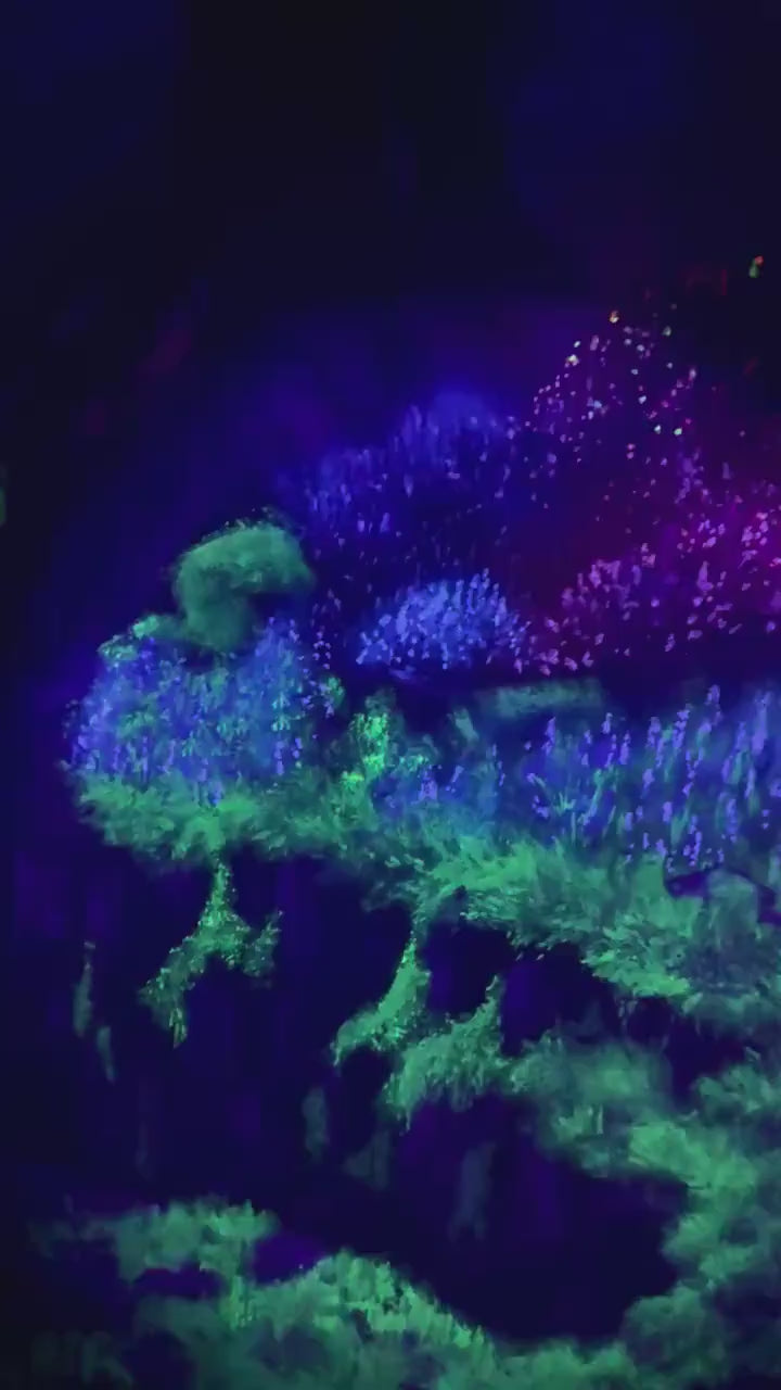 AOKI – Monumental Original Blue Tree Painting | UV Reactive Neon Acrylic Fantasy Landscape | Collector Artwork