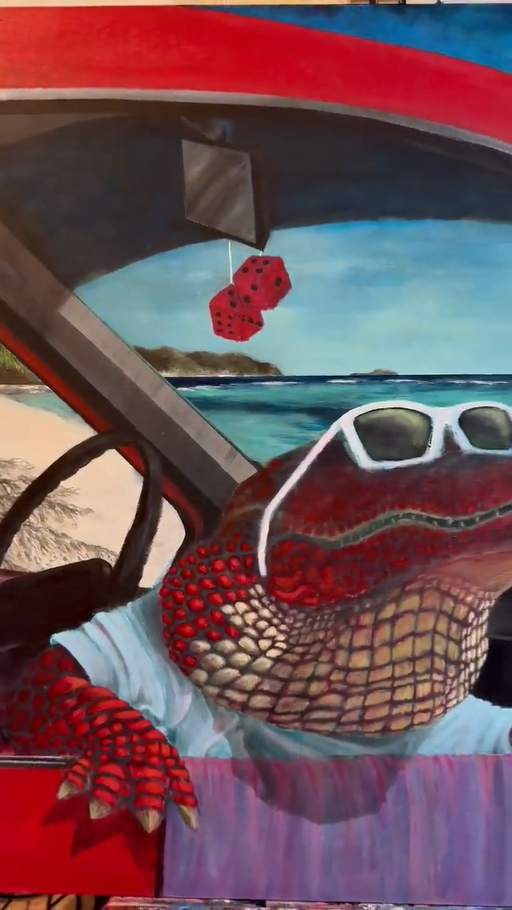 Crocovacations – Original Acrylic Painting on Canvas | Red Crocodile on vacations | Caribbean Beach Special Edition | Surreal Contemporary